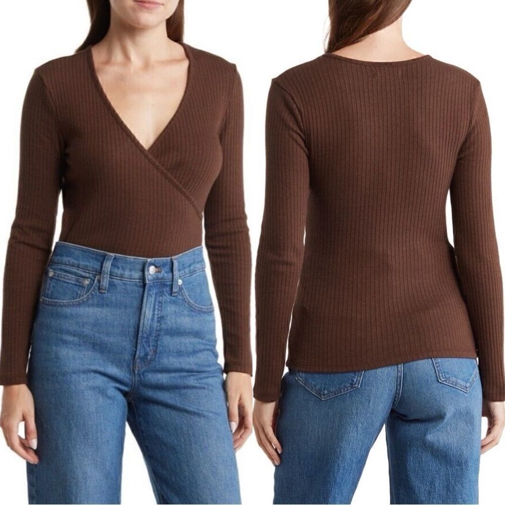 Madewell NWT Simon Soft Ribbed Mock Wrap Style Long Sleeve Brown Top Size XS